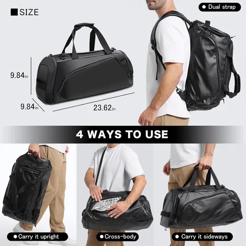 Vista 3 de Bolsa de viaje 40L, bolsa de gimnasio grande 4 en 1 con zapatos y ropa húmeda y compartimentos para laptop, color negro, Negro -, Bolsa de viaje