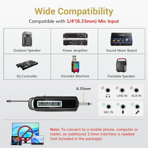 Vista 7 de TONOR 4 micrófonos inalámbricos con receptor recargable, micrófonos inalámbricos UHF de 4 x 10 canales con control de volumen, sistema de micrófono