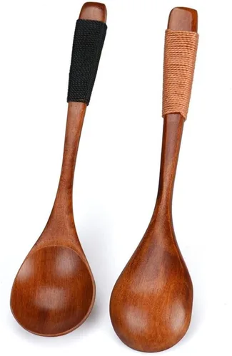 Vista 4 de IEason - Cuchara de madera de bambú para cocina, utensilios de cocina, sopa, cucharadita, cuchara de catering (negro)