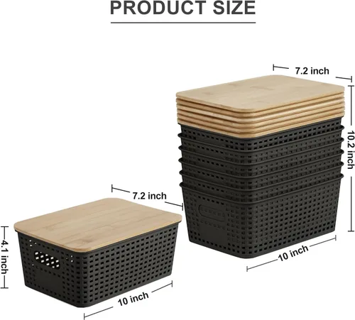Vista 2 de Bagnizer Contenedores pequeños de plástico con tapas de bambú de 5.2 cuartos de galón, cesta apilable para despensa, contenedores decorativos lindos