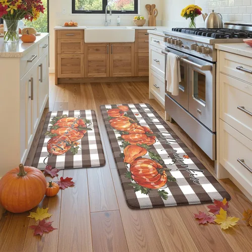Vista 3 de KIMODE Tapetes Antifatiga para Piso de Cocina 17"x47"+17"x29", Juego de 2 Alfombras de Cocina a Cuadros Marrón y Blanco, Tapete de Cocina