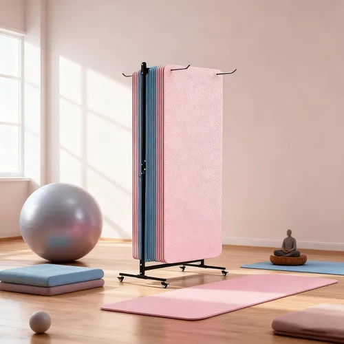 Vista 4 de Soporte para tapete de yoga colgante, carrito de esterilla de yoga rodante, estante de almacenamiento de gran capacidad, con perforador, estante