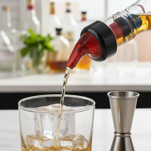 Vista 2 de Soro Essentials - Juego de 12 botellas de plástico de 1.5 onzas con boquilla roja y cuello negro - Vertedor de medición rápida para bebidas, vino