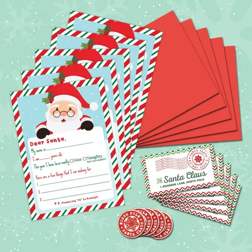 Vista 5 de Pink Pixie Studio Kit de escritura de lista de deseos de Navidad de Carta a Santa - Paquete de 5 tarjetas en blanco de 5 x 7 con sobres rojos