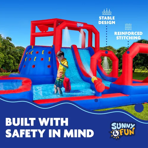 Vista 5 de SUNNY & FUN Mega Climb N' Go - Parque acuático inflable con dos toboganes Azul y rojo