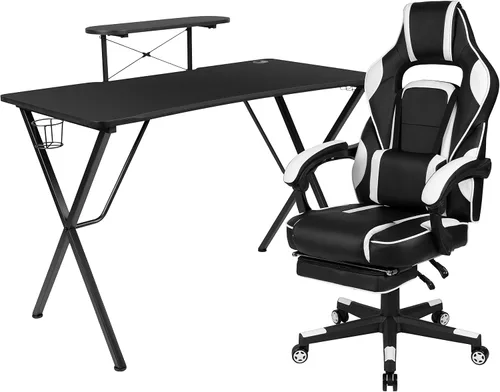Vista 18 de Flash Furniture Juego de escritorio para juegos negro y silla de carreras blanco/negro con soporte para tazas, gancho para auriculares y soporte