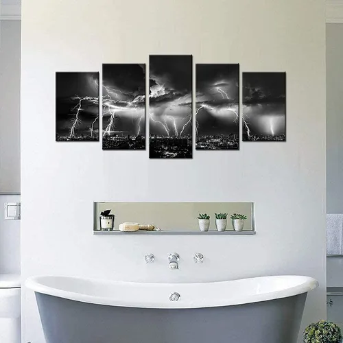 Vista 3 de Biuteawal - Arte de pared en blanco y negro de la naturaleza, relámpagos en las nubes, pintura sobre lienzo, tormenta y vista nocturna de la ciudad