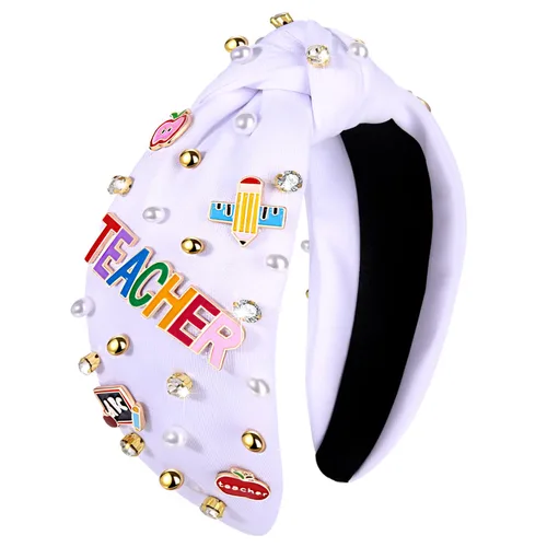 Vista 10 de Diademas para profesoras, diadema anudada con perlas de cristal para mujer, lindo libro para enseñar, adornado con nudo superior, regalos