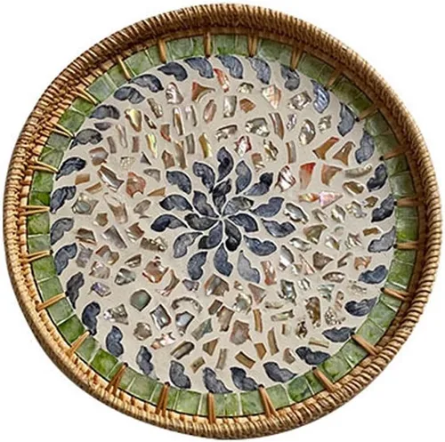 Vista 12 de Bandeja redonda de ratán con incrustaciones de madreperla, bandeja decorativa tejida a mano con base de madera,Cestas decorativas de mimbre bandeja