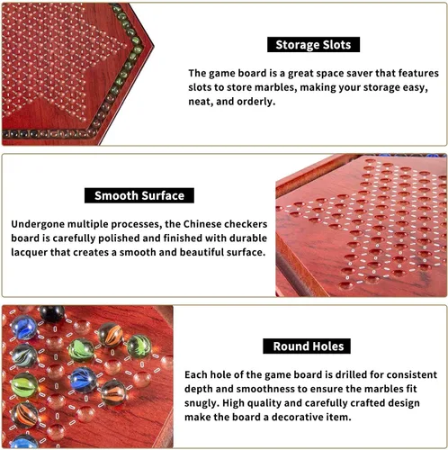 Vista 5 de AMEROUS Juego de mesa de damas chinas de madera de 13.6 pulgadas con 60 canicas de vidrio coloridas, juego de estrategia clásico para niños