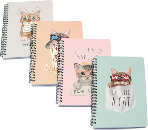 Vista 6 de Yansanido Cuaderno de espiral, 4 piezas A5 de tapa dura gruesa con diseño de gato, 0.315 in, 4 colores, 80 hojas, 160 páginas para estudio y notas