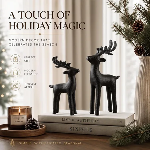 Vista 5 de 2 piezas de decoración moderna de Navidad, decoración neutral de Navidad de renos, estatuas de ciervos de resina, figuras de renos, estatuas