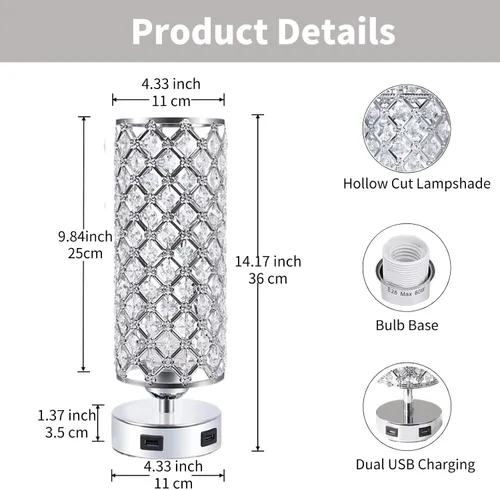 Vista 2 de Lámparas de mesa de cristal, lámpara plateada con control táctil de noche, 2 puertos de carga USB, mesita de noche, decoración de habitación