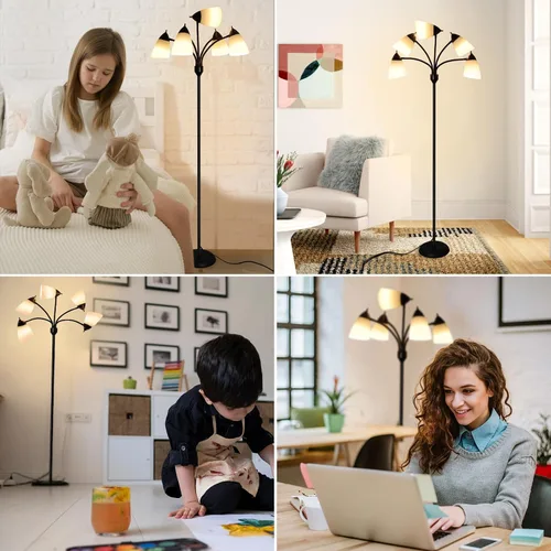 Vista 2 de DLLT - Lámpara de pie moderna para habitación: 5 luces flexibles de cuello de cisne negro lámparas de pie para sala de estar, dormitorio, hogar