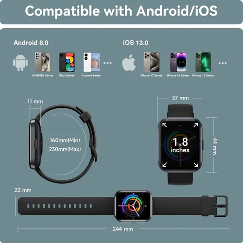 Vista 9 de Reloj inteligente para hombres y mujeres, reloj inteligente HD de 1.85 pulgadas para iPhone/Samsung/Android (respuesta/hace), rastreador de Negro