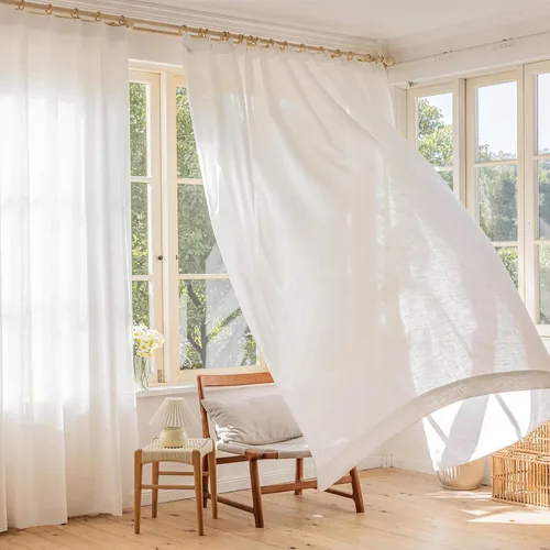 Vista 5 de Cortinas traslúcidas con textura de lino blanco de 54 pulgadas de largo, juego de 2 paneles de cortinas semitransparentes para sala de estar