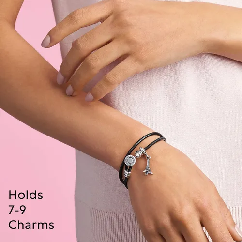 Vista 7 de PANDORA Joyería - Pulsera doble de cuero con circonita cúbica en plata de ley, Metal Cuero