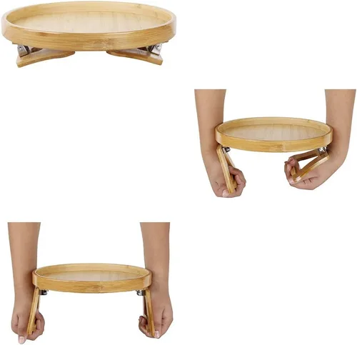 Vista 5 de Xchouxer Mesas auxiliares de bambú natural para sofá, reposabrazos con clip, ideal para control remoto, bebidas, teléfono (redonda)