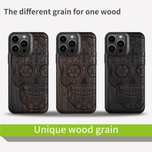 Vista 7 de Carveit Funda magnética de madera para iPhone 13 Pro Max [madera natural y TPU suave negro] Funda protectora de madera única y elegante a prueba