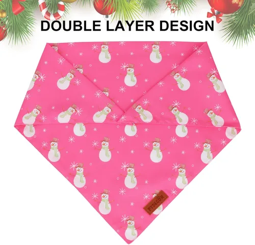 Vista 5 de PTDECOR Bandana de Navidad para perro, diseño de muñeco de nieve de Papá Noel, bufanda reversible para mascotas, diseño de triángulo rosa
