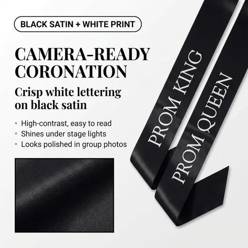 Vista 2 de Anderson's Fajas de satén negro con letras blancas, accesorios de graduación para coronación de escuela secundaria, baile, fiesta o evento, juego