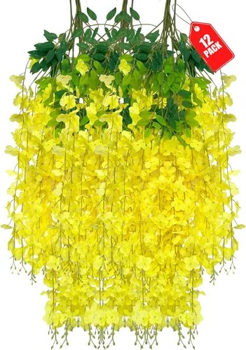 Vista 8 de Paquete de 12 flores colgantes de glicina rosa, flores colgantes falsas de 3.44 pies, guirnalda de glicina artificial para decoración de boda, telón
