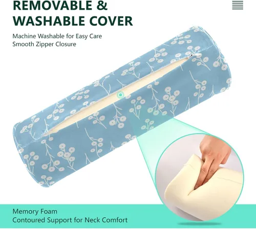 Vista 4 de Blue White Flowers Cervical Roll Pillow, 17" Neck Support Bolster Pillow, Round Pillow for Sleeping Support and Pain Relief, with Removable Washable
