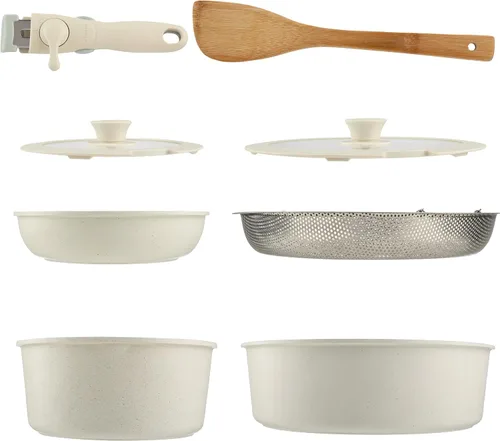 Vista 7 de Home-Complete - Juego de utensilios de cocina de cerámica antiadherente de inducción de 8 piezas con mango desmontable, tapas, espátula y sartén