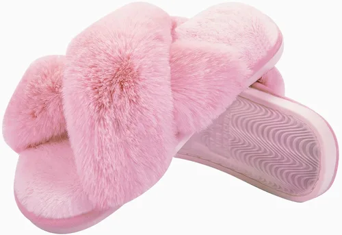 Vista 7 de Metog Women's Fuzzy Slippers House Slippers Cross Band Slippers Indoor Outdoor Soft Open Toe Slippers