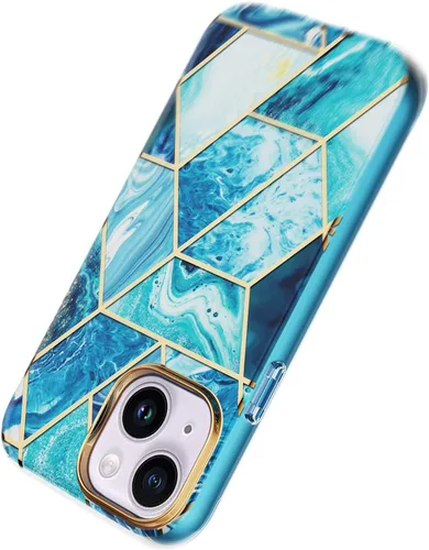 Vista 4 de Asuwish Funda para iPhone 14 Plus de 6.7 pulgadas con protector de pantalla híbrida con bonito diseño de mármol, a prueba de golpes, cuerpo
