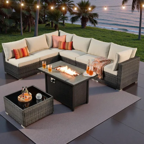 Vista 23 de ovios Juego de muebles de patio al aire libre de 5 piezas con mesa de café, conjunto seccional de muebles de patio con sofá de mimbre para todo tipo