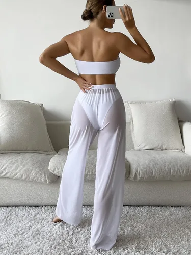 Vista 2 de MakeMeChic Traje de baño de 3 piezas para mujer, conjunto de bikini bandeau con pantalones para cubrir