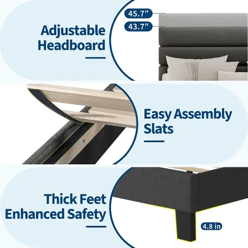 Vista 5 de Garvee Base de cama de plataforma Queen con cabecera ajustable, tapizado de tela y soporte de listones de madera, base de colchón resistente,