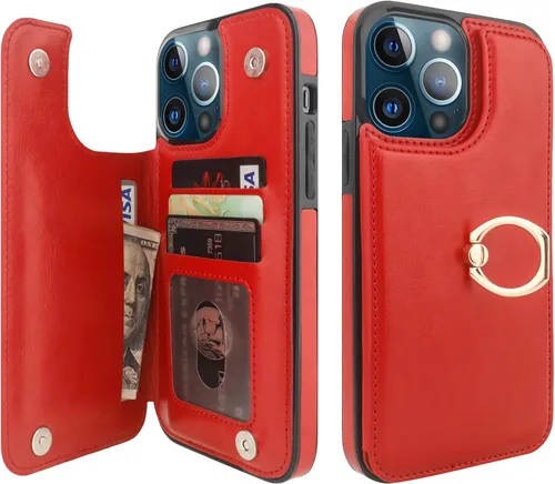 Vista 23 de ONETOP Funda tipo cartera para iPhone 13 con soporte para tarjetas, anillo de rotación de 360°, bloqueo RFID, doble cierre magnético, a prueba
