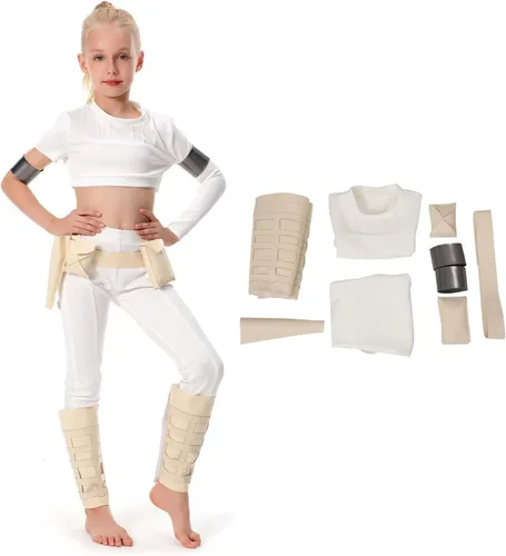 Vista 5 de Disfraz de reina para niños, disfraz de princesa para cosplay, traje de batalla blanco, conjunto de disfraz de Halloween