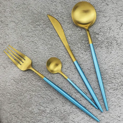 Vista 11 de Juego de cubiertos de oro mate, 5 piezas de acero inoxidable 18/10 con acabado satinado, servicio para 1, cuchara tenedor de cuchillo con pajitas