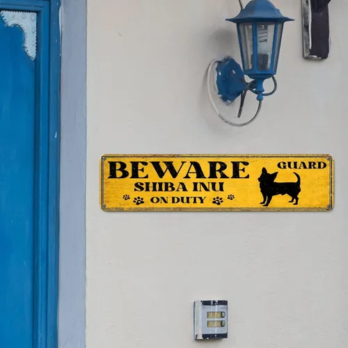 Vista 4 de Beware of Dog Metal Sign Beware Shiba Inu On Duty Metal Sign Customized Warning Dog Sign Funny Security Sign Vintage Rustic Wall Art Novelty Wall
