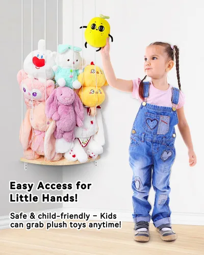 Vista 3 de Red de Almacenamiento de Animales de Peluche de Esquina - Organizador de Animales de Peluche de Madera de Altura Ajustable - Soporte de Felpa