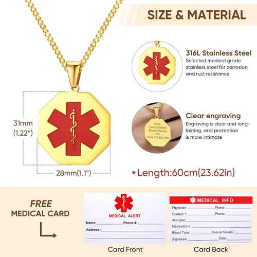 Vista 129 de VNOX Collar con colgante personalizado de acero inoxidable con grabado personalizado para identificación de alerta médica de emergencia para hombres