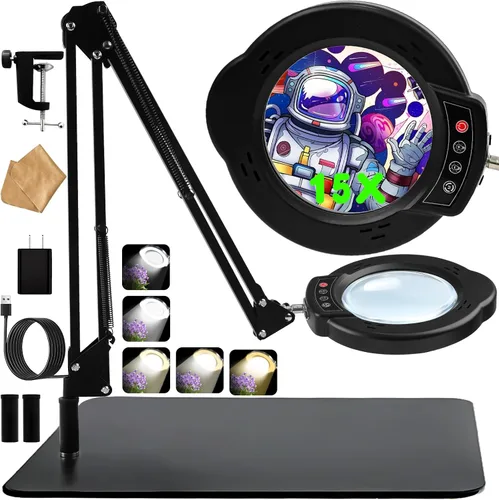 Vista 8 de Lupa de 15X con luz y abrazadera, lámpara de escritorio con lupa iluminada, lámpara LED con luz y abrazadera, 5 modos de color, 10 brillos