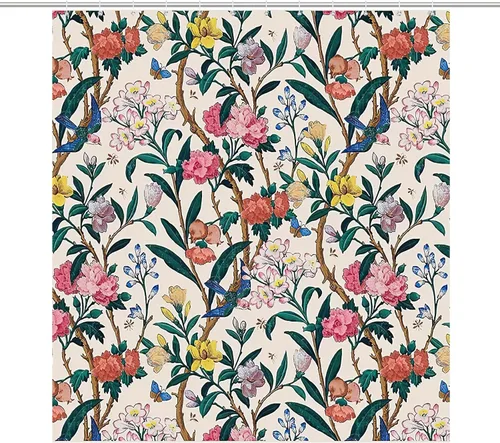 Vista 20 de Cortina de ducha con 12 ganchos para baño, 72 x 72 pulgadas, diseño floral bohemio con hojas tropicales retro y florales (bohemio floral-1)