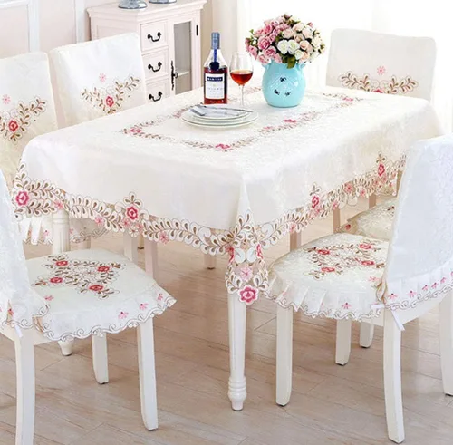 Vista 11 de LeLehome - Mantel de encaje bordado con flores cafés, color crema y beige, diseño clásico y tela que no se arruga para mesa de comedor