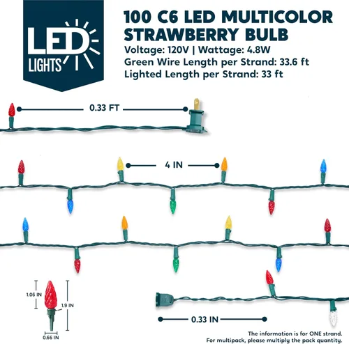 Vista 4 de Joiedomi - Luces para árbol de Navidad C6 multicolor, 100 luces LED de encendido constante en forma de fresa, 33.66 pies, luces de Navidad