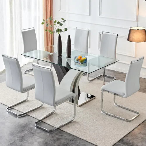 Vista 14 de NYEESS - Juego de mesa de comedor de cristal para 4, moderno juego de mesa de comedor de 63 pulgadas para 4