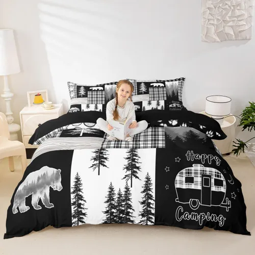 Vista 4 de Funda de edredón de oso de caza, tamaño individual, juego de ropa de cama rústica de animales del bosque para niños y niñas, funda de edredón a Oso