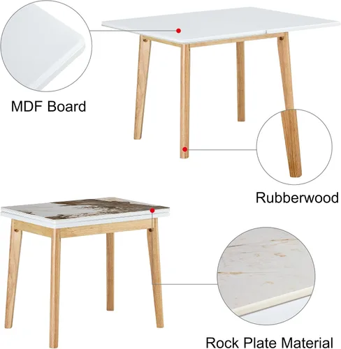 Vista 7 de Mesa de piedra sinterizada de imitación mármol blanco con patas de madera de goma, escritorio plegable para computadora, escritorio de oficina