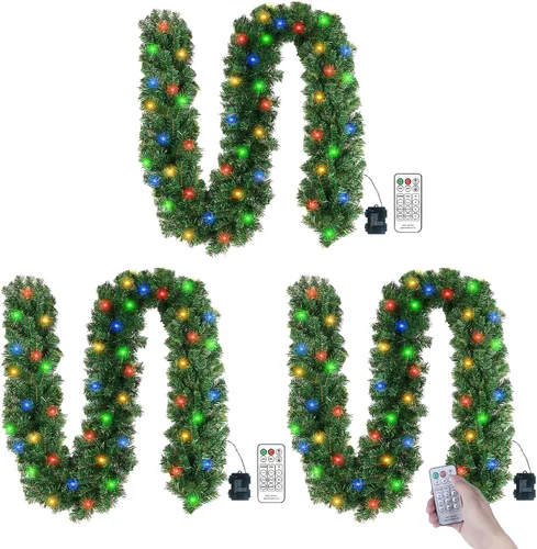 Vista 12 de Guirnalda de Navidad de pino Norfolk preiluminada de 6 pies con luces LED y control remoto – Guirnalda iluminada a pilas para repisa de chimenea
