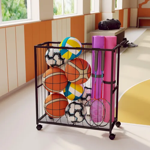 Vista 9 de Homsorout Cesta de almacenamiento de bolas, carrito de pelotas deportivas rodantes, organizador de garaje de metal, almacenamiento de canasta