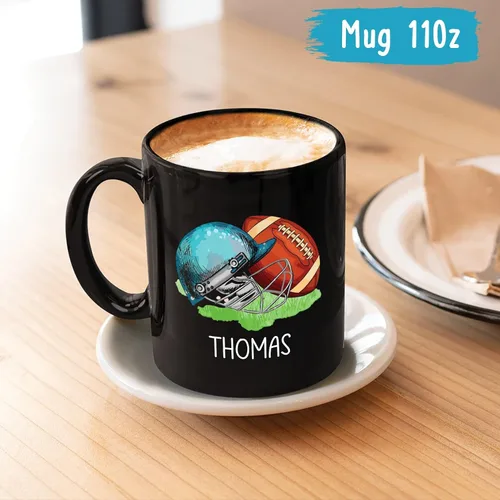Vista 4 de Taza de café de fútbol americano con nombre personalizado, regalo de fútbol personalizado, porcelana negra 11oz y 15oz