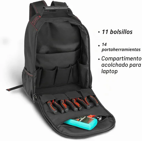Vista 7 de HAUTMEC HT0407 - Mochila de herramientas con compartimento para laptop, bolsa de herramientas Oxford 1680D resistente a los impactos, 11 bolsillos